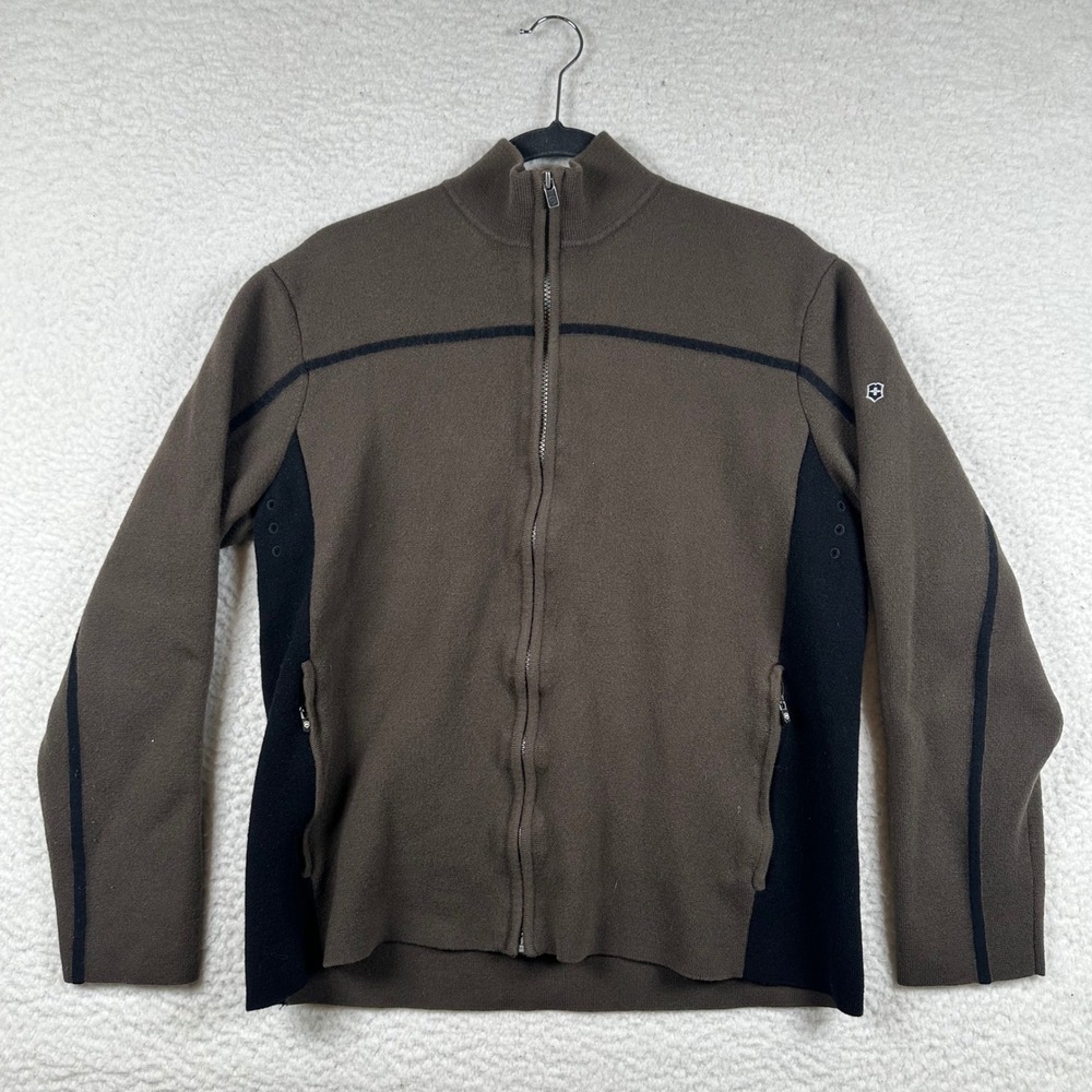 Victorinox Swiss Mens Wool Army Full Zip Knit Sweater Jacket M Zip Pockets Brown
